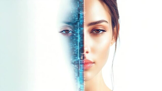 A woman's face divided into real and digital halves, symbolizing artificial intelligence and technology.