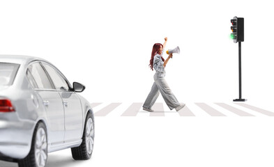 Asian woman walking at zebra crossing and shouting with a megaphone