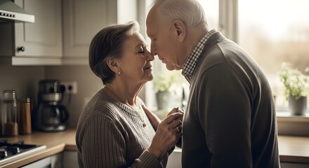 Loving senior couple embracing affectionately in kitchen