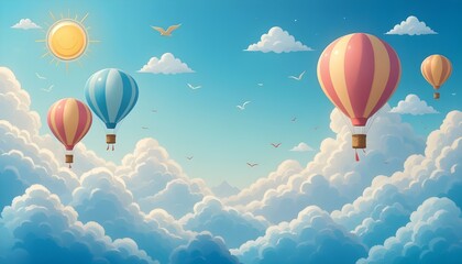 Obraz premium Kids cartoon sky background with air balloons, clouds, birds, and smiling sun 