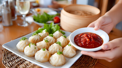 Waiter serving a small bowl of tomato sauce alongside delicious momos garnished with chives, set against wine glasses and a bamboo steamer in a restaurant.