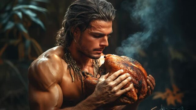 A primitive looking man inhales the aroma of roasted poultry with pleasure. The theme of survival, nature and wild life. Man completely absorbed in the moment of enjoying food in a natural environment