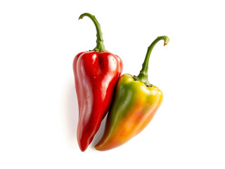 Two fresh chili peppers, one red and one green-yellow, isolated on white background, perfect for food, spice, and cooking themes. Generative AI