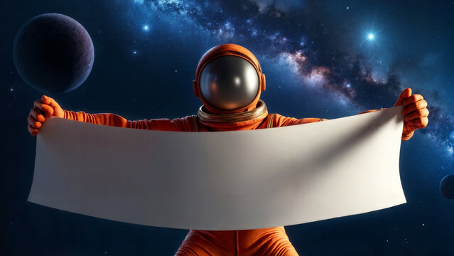 astronaut in orange spacesuit holding blank paper in space, space exploration concept