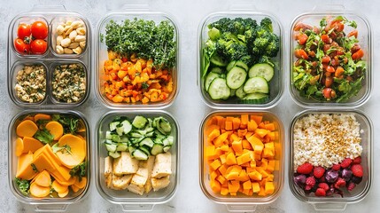 Eight containers filled with fresh, colorful vegetables, nuts, grains, and fruits arranged neatly on a light surface for healthy meal prep.