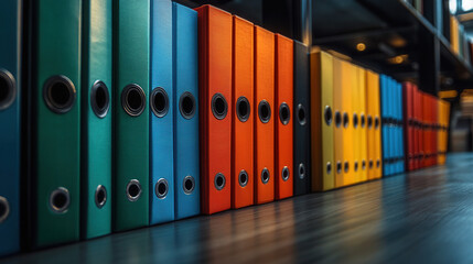 neat row of red green blue and orange folders in modern office, organized business environment 