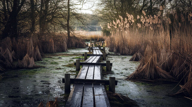 A weathered wooden boardwalk winds through a serene marshland with tall reeds and mossy water under a soft overcast sky - Powered by Adobe