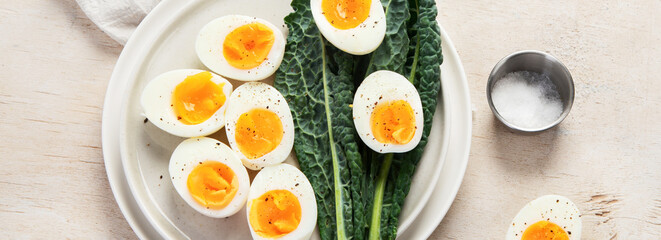 Plate with halves of delicious boiled eggs.