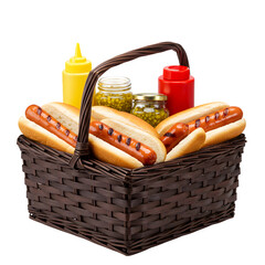Picnic Basket Filled with Grilled Hot Dogs, Condiments, and Pickles