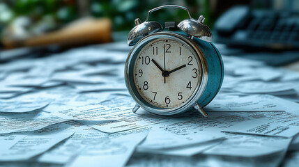 retro clock on documents with minimal white background, productivity and schedule concept 