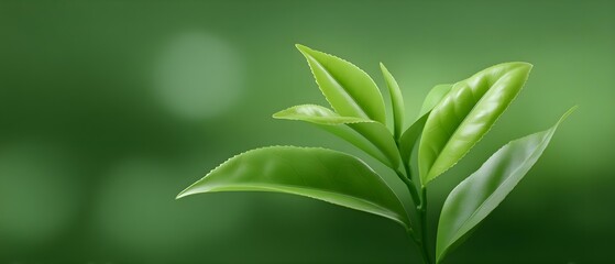 Fresh green tea leaves on a blurred background