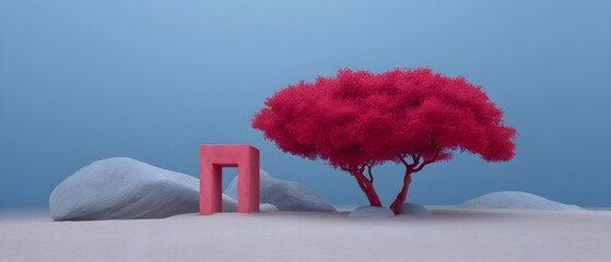 Surreal landscape with vibrant red tree and abstract structure