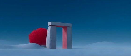 Surreal landscape with minimalist stone structure and red tree