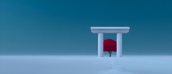 Surreal landscape with a red tree and classical columns