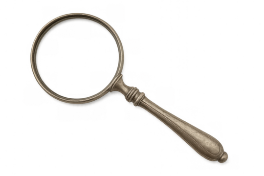 Antique magnifying glass with ornate metal handle isolated on transparent background, ideal for investigation or research concepts