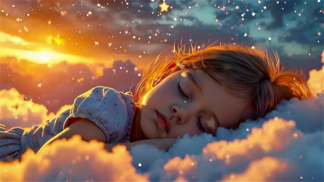 Cute baby sleeping sweetly on colorful clouds