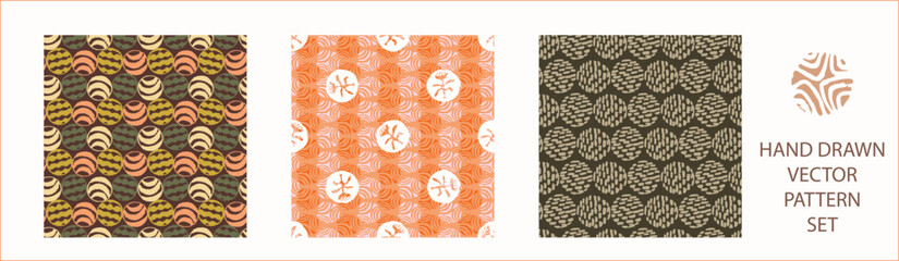 Polka dot blockprint seamless vector pattern set. Collection of neutral unisex whimsical style for wallpaper, backdrops and handmade print texture. All over vintage background. 