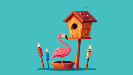 Vector art of a flamingo with birdhouse and tiki torches for tropical celebration