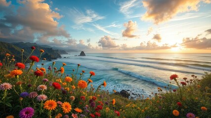 Golden Hour Blooms:  Coastal Scene at Dawn