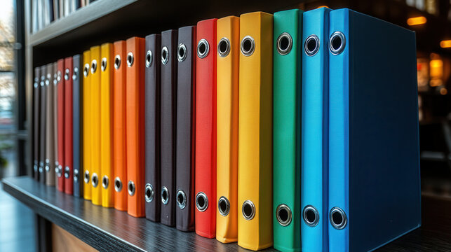 brightly colored folders standing upright in office setting, organized documents for efficient management