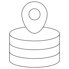 Data Location icon. Vector pictogram with thin black lines on transparent background. Stroke weight is editable. Shows a database with a geolocation pin symbol