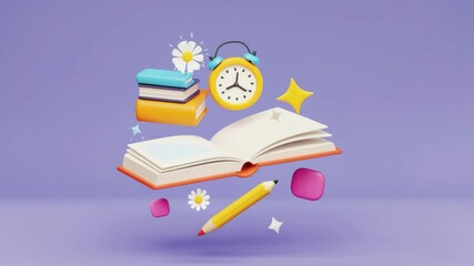 3D Illustration of Floating Open Book with Clock, Pencil, and Flowers on Purple Background - Powered by Adobe