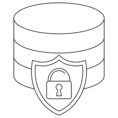 Data Security icon. Vector pictogram with thin black lines on transparent background. Stroke thickness is editable. Icon shows a database with a shield and padlock for secure data storage