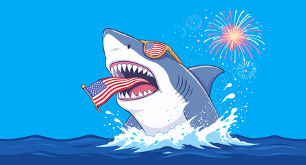Vector art of cartoon shark celebrating fourth of july with american flag sunglasses