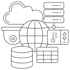 IoT & Cloud Data Sources icon. Vector pictogram with thin black lines on transparent background. Line thickness is editable. Shows cloud, database, globe, server, camera, and control panel