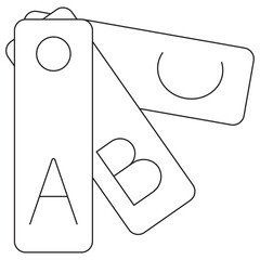 Data Samples icon. Training Examples icon. Vector pictogram with thin black lines on transparent background. Line thickness is editable. Three labeled tags symbolize different samples or categories