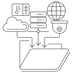 Data Collection icon. Vector pictogram with thin black lines on transparent background. Line thickness is editable. Shows cloud, globe, server, camera, control panel, and folder