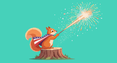 Vector art of cartoon squirrel holding sparkler on fourth of july celebration