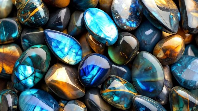 Close-up of collection of polished Labradorite gemstones showcasing iridescent blue and gold colors, smooth textures and unique patterns
