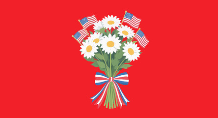 Vector art of daisies and american flags tied with patriotic ribbon on red background