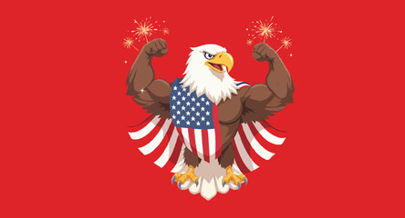 Vector art of muscular eagle with american flag and fireworks on red background