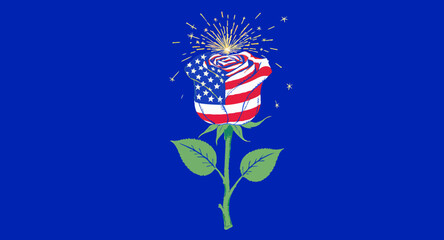 Vector art of patriotic rose with american flag pattern and fireworks