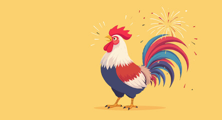 Vector art of patriotic rooster crowing with fireworks on yellow background