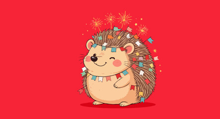 Vector art of cartoon hedgehog with patriotic bunting and fireworks