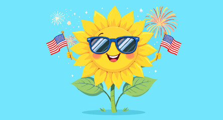 Vector art of cartoon sunflower waving american flags with fireworks in background