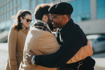 Two business professionals share a friendly hug in a lively urban outdoor setting, reflecting...