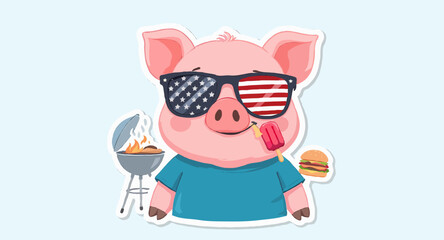 Vector art of cartoon pig with sunglasses celebrates fourth of july isolated
