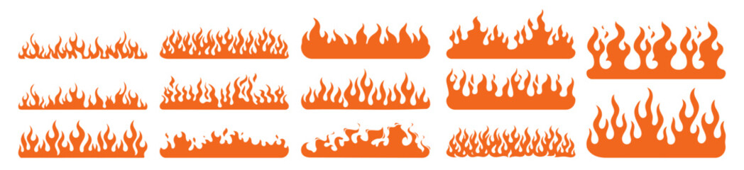 Classic silhouette flame or fire set, tribal tattoo ornament collection, fire flames vector icons and clipart, wildfire frame border template, on transparent background