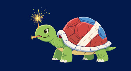 Vector art of cartoon turtle holds a sparkler in its mouth on a blue background