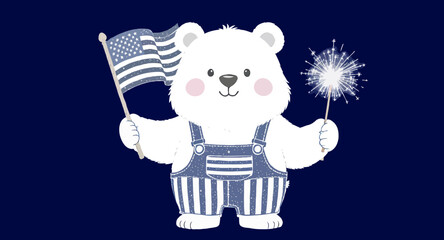 Vector art of cartoon bear holds a flag and sparkler for a patriotic celebration