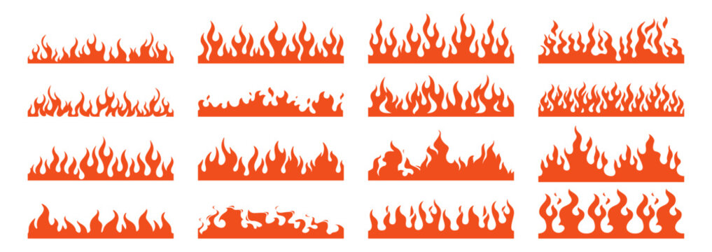 Seamless pattern silhouette flame or fire set, tribal tattoo ornament collection, fire flames vector icons and clipart, retro decoration design elements illustration on transparent background