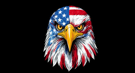 Vector art of american eagle with flag colors stares intensely on a black background