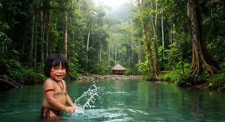 Fototapeta premium Indigenous Amazonian child playing by the river in a rainforest village – connection to nature and tradition.