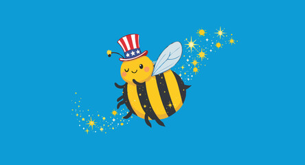 Vector art of cartoon bee wears a patriotic hat with stars and stripes design