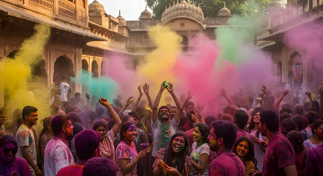 Colorful Holi festival scene in India with people throwing powder and celebrating – vibrant cultural tradition.
