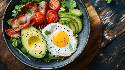 A bowl of fresh avocado, fried egg, cherry tomatoes, bacon, and greens on a wooden surface.